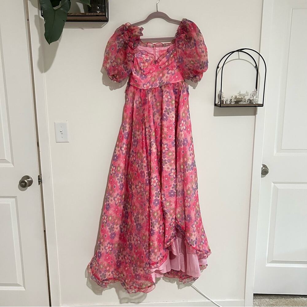 Sugar Thrillz‎ Growin’ Pretty Maxi Dress Sweetheart Neck Sheer Puff Sleeve XS